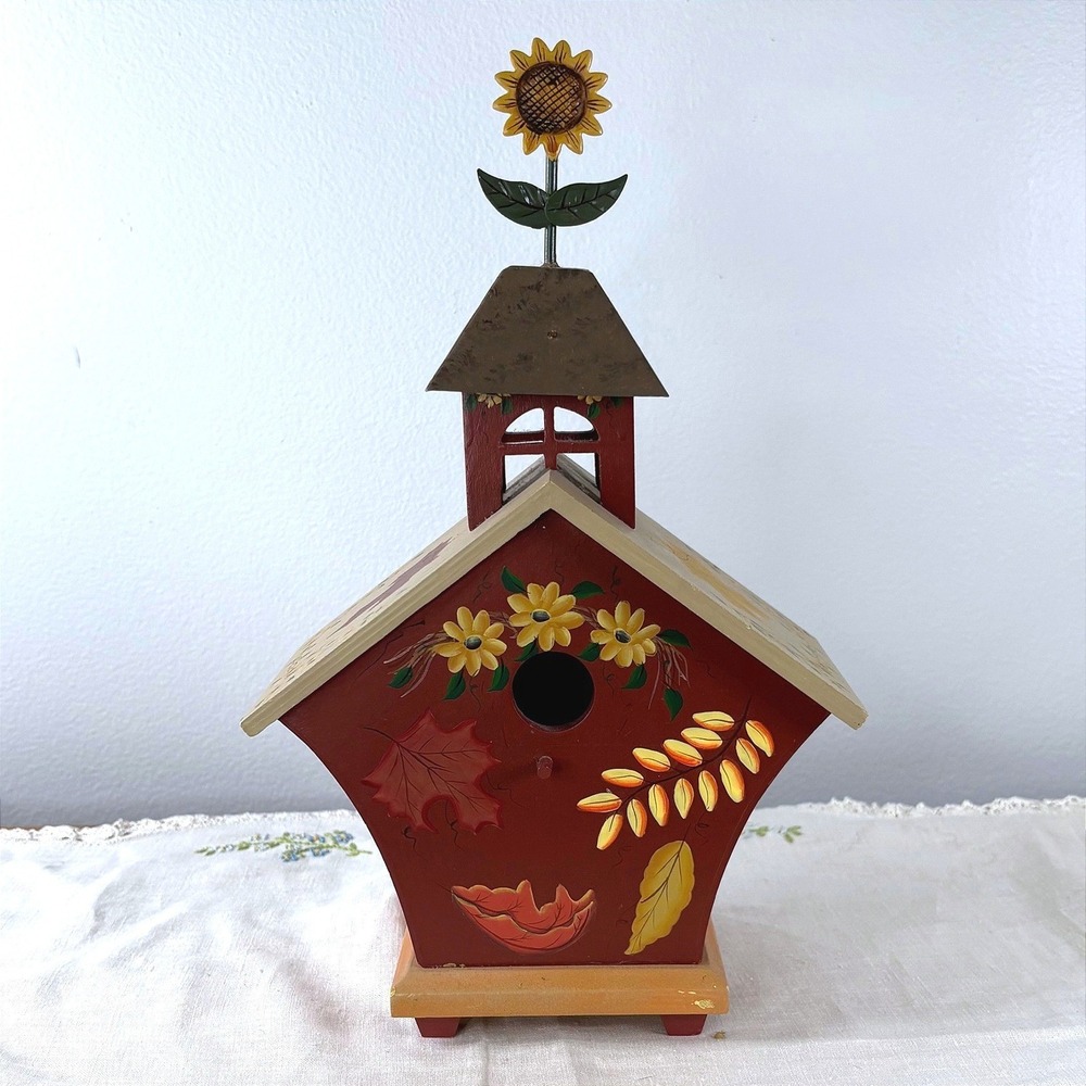 Kathy Hatch Collection Fall Sunflower Wooden Birdhouse Hand‎ Painted Red 2001